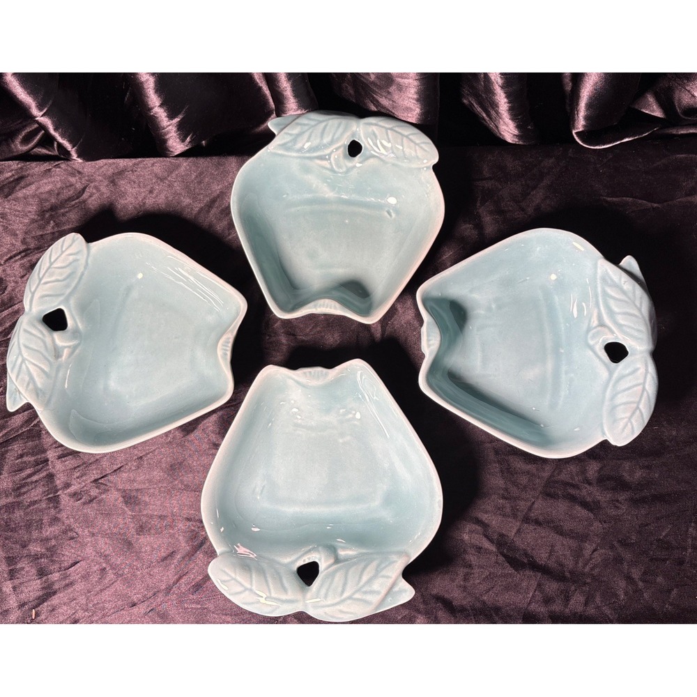 Lot of 4 Vintage Hoenig of California Teal Pottery Apple Dishes 6x5.25" USA